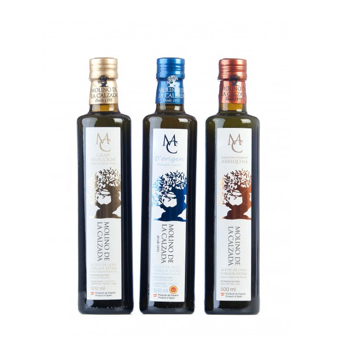 Imagen Producto Caja Pack 3 Variedades Dorica Molino de la Calzada Aceite de Oliva Virgen Extra dórica 500ml